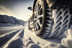 Driving on snow, closeup on tyre, created with generative AI photo