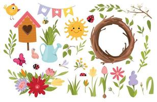 Spring set, spring cute spring flower bouquet, bird wreaths, for printable card, poster, label, tag, invitation, sticker, vector illustration.