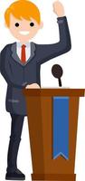 Presidential election. Man politician stand behind the podium. Male speech. Lecturer in a suit. Cartoon flat illustration. Blue candidate. Debate and discussion vector