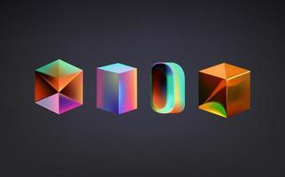 Hologram geometric shapes set. Iridescent modern 3d multicolor object.Futuristic neon gradient figures can be used for a variety of purposes,entertainment, education, and scientific visualization. vector