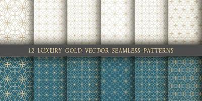 Set of 12 vector seamless patterns. Gold floral patterns on a white and emerald background.