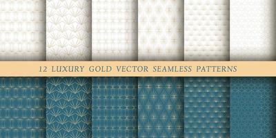 Set of 12 luxurious vector seamless patterns. Geometrical patterns on a white and emerald background. Modern illustrations for wallpapers, flyers, covers, banners, minimalistic ornaments, backgrounds.