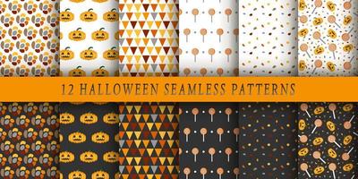 Set of 12 vector seamless Halloween patterns. Endless texture for wallpaper, flyers, covers, banners, fill pattern, web page, background, surface.