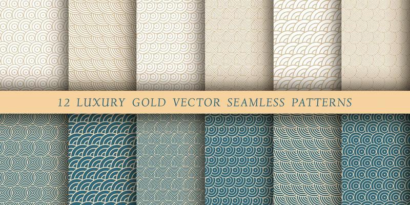 Set of 12 luxurious Japanese-style vector patterns. Geometrical patterns on a white and emerald background. Modern illustrations for wallpapers, flyers, covers, banners, minimalistic ornaments
