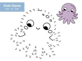 Dot to dot educational game for children. Cute cartoon octopus. Numbers game. Printable activity page for kids. Connect the dots and color. Vector illustration