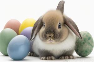 linda pequeño conejito con Pascua de Resurrección huevos, creado con generativo ai foto