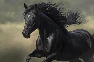 Black horse running in the field, created with generative AI photo