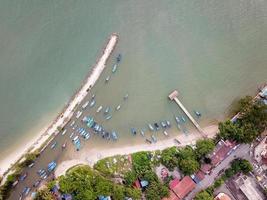 Aerial view look down fishing boat park photo