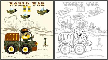 Funny bear on military truck with fighter jet in battlefield, coloring page or book, vector cartoon illustration