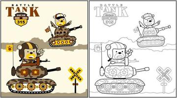 Funny bear on armored vehicle, coloring page or book, vector cartoon illustration
