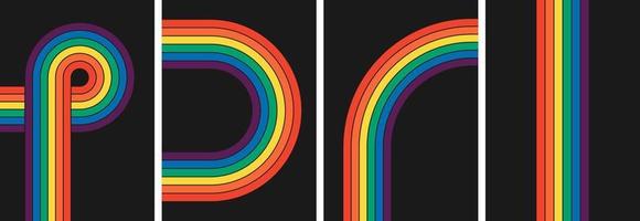 retro maravilloso arco iris color a rayas póster colocar. geométrico hippie arcoiris línea recopilación. Clásico hippy estilo varios resumen iridiscente rayas. de moda minimalista y2k vistoso obra de arte eps cubre vector