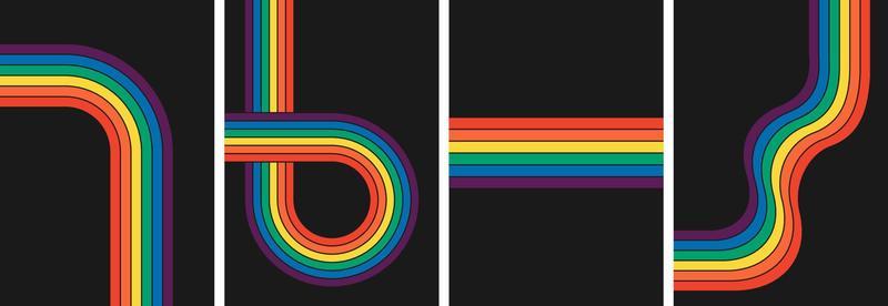 Retro groovy rainbow color striped background set. Geometric hippie rainbows line collection. Vintage hippy style various abstract iridescent stripes. Trendy minimalistic y2k colorful artwork posters