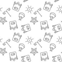 Seamless monochrome repeating pattern of starfish, backpack, paragliding, sundial, street light vector