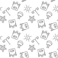 Seamless monochrome repeating pattern of starfish, backpack, paragliding, sundial, street light vector