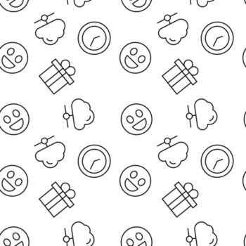 Monochrome vector seamless pattern of clock, cloud store, smile, giftbox for present for web sites and polygraphy