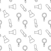 Seamless vector repeating pattern of magnifying glass and labs for experiments. It can be used for web sites, apps, clothes, covers, banners etc