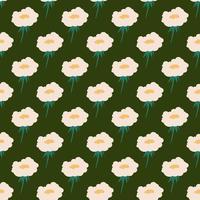 Vector seamless pattern of light beige flowers with yellow petal and green stem on dark green background