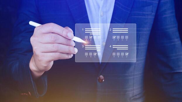 Online exam concept, choose correct answer in test. checklist and online testing. online exam test. online questionnaire results on desktop. quiz. photo