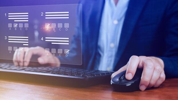 Online exam concept, choose correct answer in test. checklist and online testing on laptop. online exam test with laptop. online questionnaire results on desktop. quiz. photo