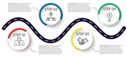 Infographic template step guidelines for business information presentation. Vector circles and geometric elements. Modern workflow diagrams. Report plan 4 topics