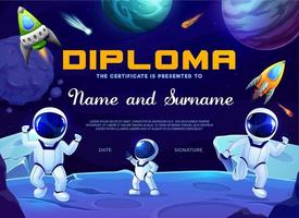 Kids diploma with cartoon astronauts on planet vector