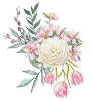 Spring flower arrangements with white rose, sakura and tulips vector