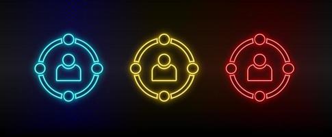 Neon icon set skills, users, avatar. Set of red, blue, yellow neon vector icon on dark background