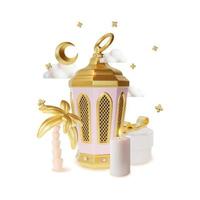 3d Ramadan Kareem Concept with Palm Tree and Islamic Lantern Fanoos Plasticine Cartoon Style. Vector