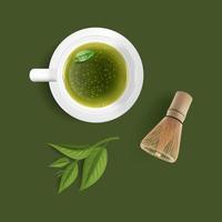 realista detallado 3d blanco taza y bambú batidor japonés matcha té concepto. vector