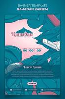 ramadan kareem banner template with green leaves background with al-qur'an in hand drawn design vector