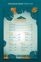 Food menu template with monstera leaves background in hand drawn design for ramadan iftar party vector