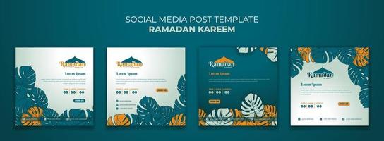 Set of social media post template for ramadan kareem with hand drawn of monstera leaves background vector