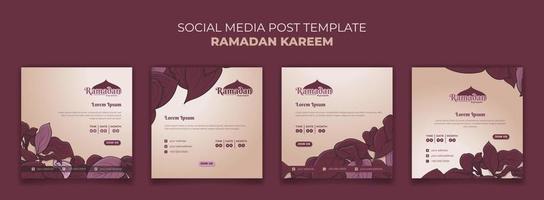 Set of social media post template with purple leaves background in hand drawn for ramadan design vector