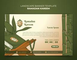 Ramadan banner template design with al-qur'an and bamboo background in hand drawn design vector