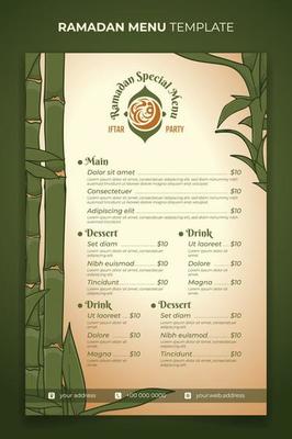Ramadan iftar party menu template design with bamboo background in hand drawn design