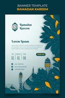 Ramadan banner template in portrait design with minaret and green grass background design vector