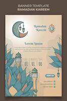 Banner template with grass in hand drawn design with minaret and crescent for ramadan kareem vector