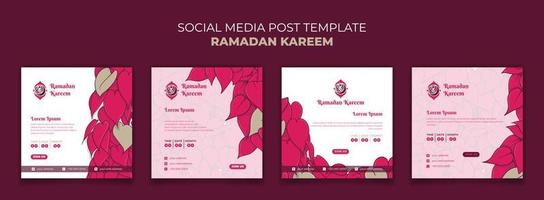 Set of social media post template in feminine design for ramadan kareem with pink leaves background vector