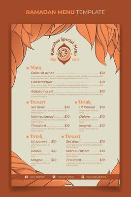 Iftar foods menu template for restaurant at ramadan event with ornamental grass in hand drawn design