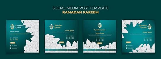 Set of ramadan social media post template with white ornamental in green background design vector