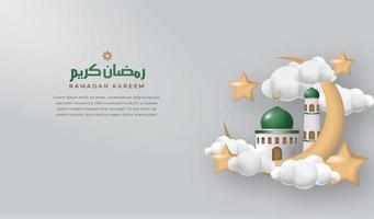 3d vector ramadan background with mosque,crescent, star and cloud. simple and clean