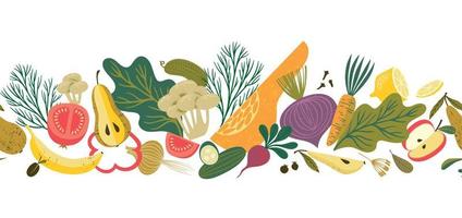 Vector seamless border with  fruits and vegetables. Healthy food. Isolated element design