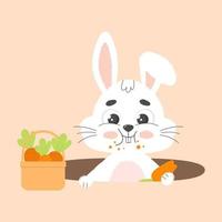 Cute white easter bunny nibbles carrot in hole. Cartoon vector illustration.