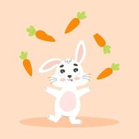 Cute white easter bunny juggles carrots. Cartoon vector illustration.