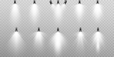 Set of white spotlights. various forms of light. Stage spotlights. Light effects. Glow light effect. Vector illustration.