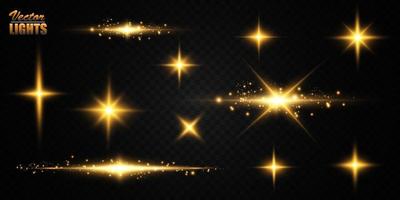 Collection of various golden glowing stars. A set of glare from a sunbeam. Flashes of light. Glow effect, sparks, radiance, shine. vector