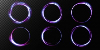 Set of neon light rings. Whirlwind effect. Curve blue, purple, gold line light effect. Abstract dark background, rings with glowing swirling sights, and various backgrounds. Energy flow tunnel. vector