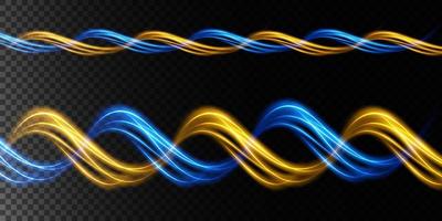 Abstract light lines of movement and speed in blue and gold. Light everyday glowing effect. semicircular wave, light trail curve swirl vector