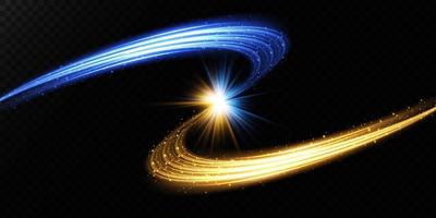 Abstract light lines of movement and speed in blue and yellow. Light everyday glowing effect. semicircular wave, light trail curve swirl vector