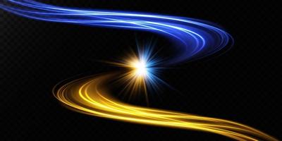 Abstract light lines of movement and speed in blue and yellow. Light everyday glowing effect. semicircular wave, light trail curve swirl vector